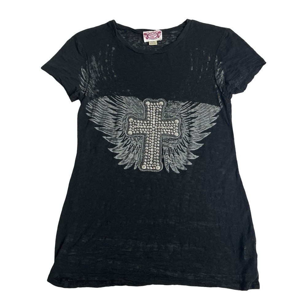 Vintage Y2K Attitude Apparel Womens M Burnout Cross Wings Rhinestone Tee McBling